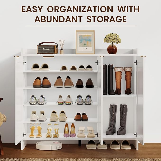Shoe Cabinet, 41" Tall Rattan Shoe Storage Organizer Cabinet, Adjustable Shelves, 6-Tier Farmhouse Boho Wooden Storage Cabinet for Entryway Hallway Closet Bedroom,White