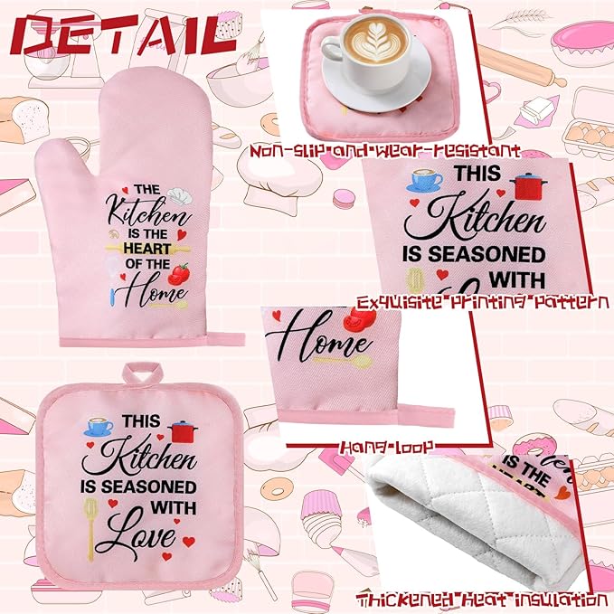 Fourluoo 10 Pcs Cuisine Pink Kitchen Decor and Accessories Set Pink Kitchen Towels Rugs Pot Holders Oven Mitts for Chef Cooking Baking Mom Housewarming Gifts