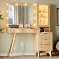 Fluted Vanity Desk with Mirror and Lights, 45" Glass Top Makeup Table Set with 5 Drawers, Power Outlet & Storage Cabinet, Large Dressing Table with RGB Ambient Light for Bedroom Women Girls, Oak