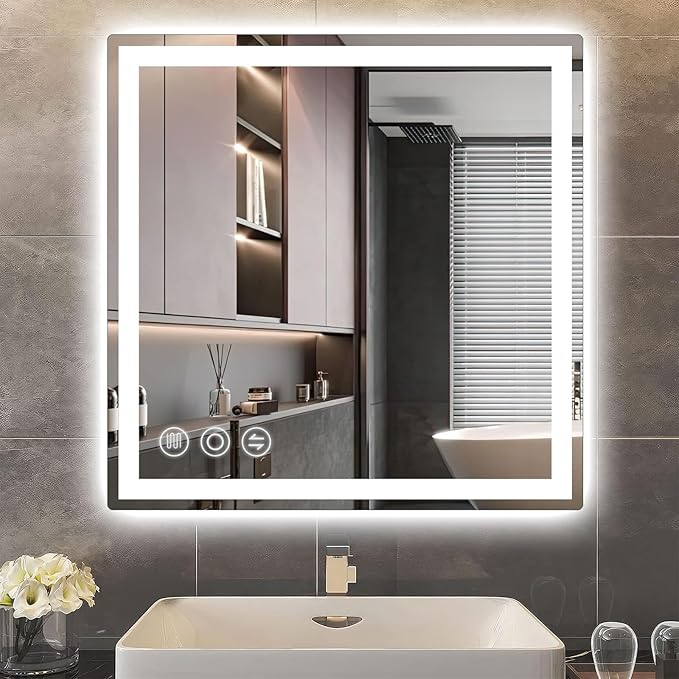 LED Bathroom Mirror 24"x 24" with Frontlit and Backlit, Anti-Fog Bathroom Vanity Mirror,Stepless 3 Colors Temperature & Dimmable Wall Mounted Mirror,Memory Tempered Glass Mirror for Bathroom