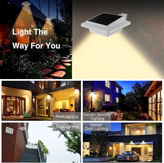 KEENZO Solar Powered Gutter Lights Waterproof Outdoor Dusk to Dawn 25 LED Deck Fence Wall Stair Step and Yard Cool/Warm White LED Eaves Garden Landscape Pathway (Warm White Light_2 PCS, White)
