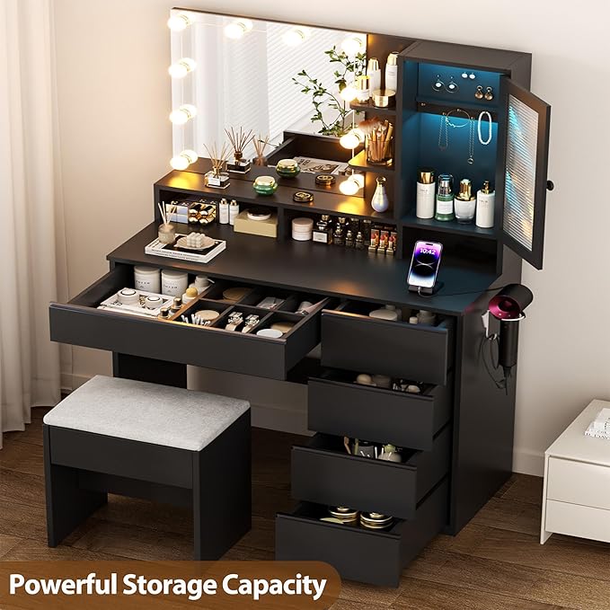 Vanity Desk with LED Lights Mirror, 35.43" Modern Makeup Table with 6 Storage Drawers & Stool for Ladies and Girls, RGB Light Makeup Desk with Power Outlet for Bedroom Dressing Room, Black