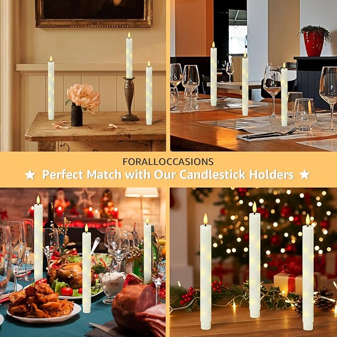 uuffoo 3 Pack Flameless Taper Candles with Remote Timer, Flickering Taper Candles Battery Operated Real Wax LED Fake Candles for Indoor Outdoor Home Wedding Fireplace Decor (Ivory, 0.9 X 9.6 Inch)