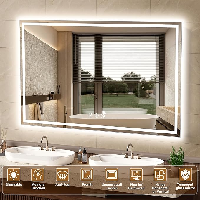 55x36 Inch LED Lighted Bathroom Mirror - Anti-Fog Vanity Mirror with Dimmable Front & Backlit, 3 Color Temp, Smart Memory - Shatterproof HD Glass, IP54 Waterproof Wall Mounted for Makeup Shaving