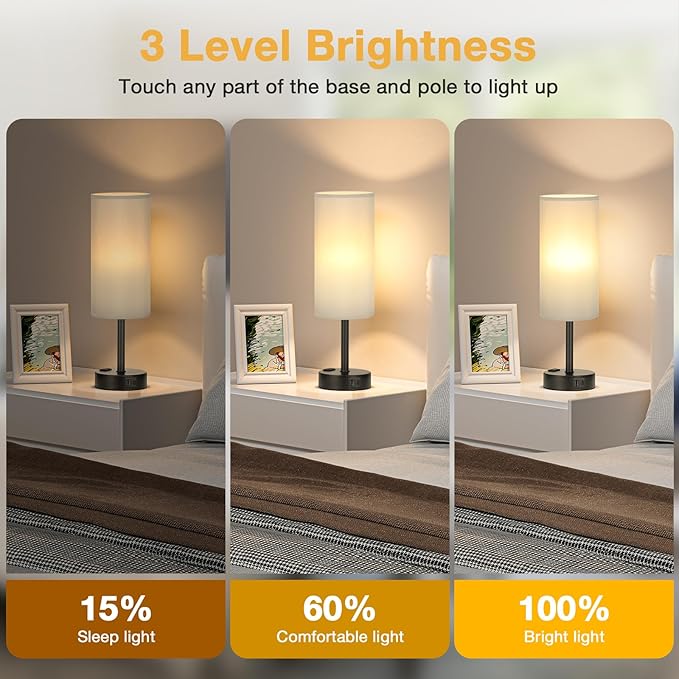 Grey Touch Table Lamps Set of 2-3 Way Dimmable Bedroom Lamps for Bedside with USB C and A Ports, Small Nightstand Lamps with AC Outlet, Desk Lamps with Black Base for Office Boys