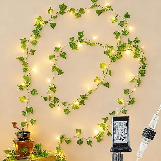 HEYFUNi Vines with Lights, 23 Ft 73 Led Fake Ivy String Lights Plug in, Leaf Lights for Bedroom, Wall, Balcony, Wedding Decor, Warm White