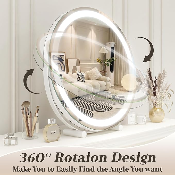 ROLOVE Makeup Mirror with Lights, 18 Inch Vanity Mirror with Lights, Lighted Makeup Mirror, Smart Touch Control Round Lighted Vanity Mirror, Tabletop ＆ Desk Mirror, Gifts for Women, Wife, Mom, Girls