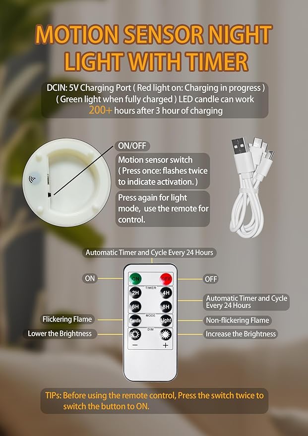 Flameless Candle Night Light, Motion Sensor Auto Switch On/Off, Rechargeable LED Glass Night Light with Remote and Timer, Ideal Kids Adults Nightlight for Home Living Room Decor, Ideal Gift for Women