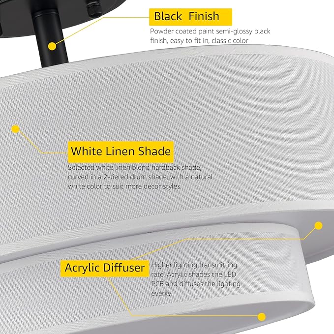 DAYCENT Black Drum Semi Flush Mount Ceiling Light Modern Farmhouse Dimmable LED Light Fixture Ceiling 30W 3000K/4500K/5500K Drum Shade Ceiling Light for Bedroom Hallway