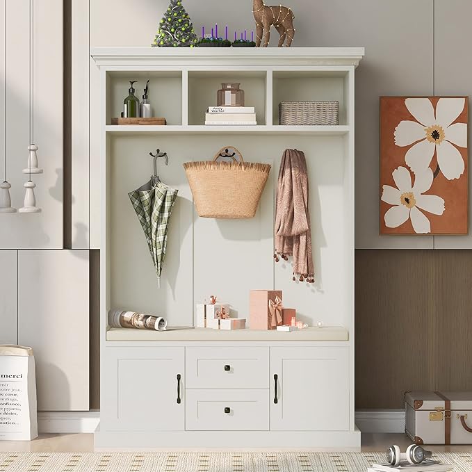 RUNNA Delicate 3-in-1 Hall Tree with 2 Cabinet and 2 Drawers,3 Open Shelves and 3 Hooks,Coat Hanger and Storage Bench,for Livingroom Hallway Entryway Use (Beige#H-)