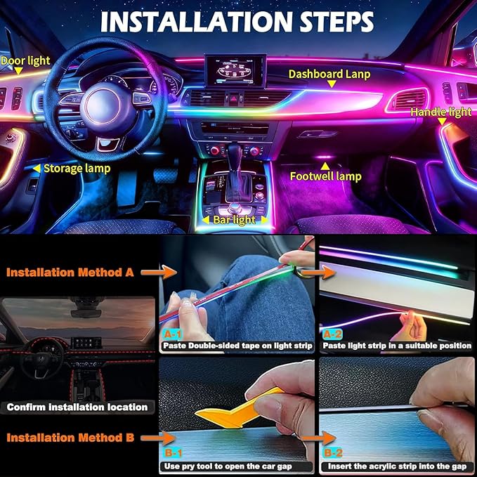 Interior Car LED Strip Lights, Acrylic LED Lights RGB Dreamcolor 8 in 1 with 235 inches 800 LEDs Fiber Optic Ambient Lighting Kits,APP and Remote Control 16 Million Colors Car Neon Lights