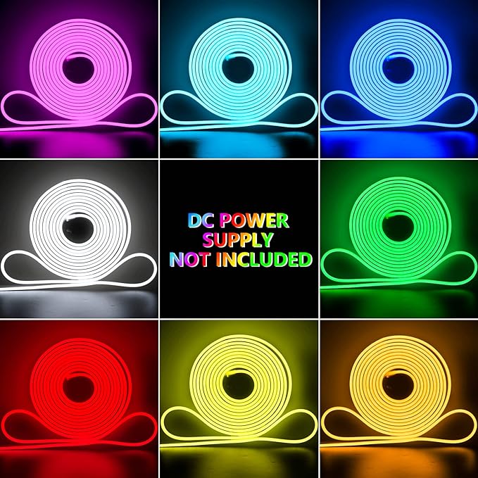 Shine Decor 12V LED RGB Neon Rope Lights Dimmable, 16.4FT Silicone Strip Lighting Remote Control, Flexible Hardwired LED Neon Light Color Changing for Custom Signage Bedroom Gaming Room Party