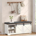 Farmhouse Storage Bench with Cushion, 47.2" Shoe Bench with Slide Barn Doors and Adjustable Shelves, Entryway Bench with Storage for Bedroom, Closet, Living Room, Hallway, White