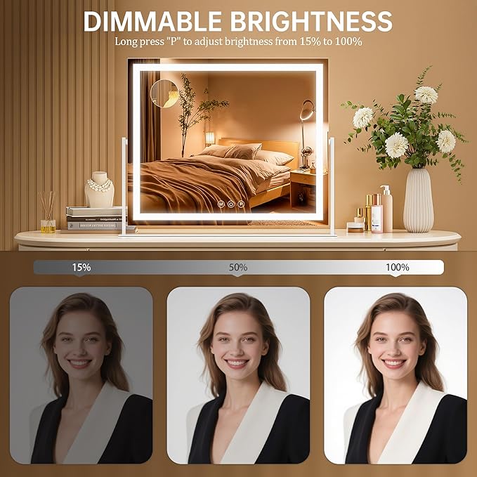 Vanity Mirror with Lights, 30'' x 22'' Lighted Makeup Mirror, Touch Screen with 3-Color Lighting, Dimmable for Vanity Desk Tabletop Square White