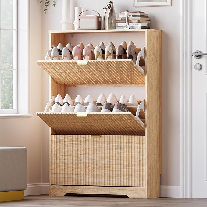 Entryway Shoe Cabinet with 3 Flip Drawers, Narrow Shoe Organizer Cabinet with Fluted Panel and Adjustable Shelves for Foyer, Hallway