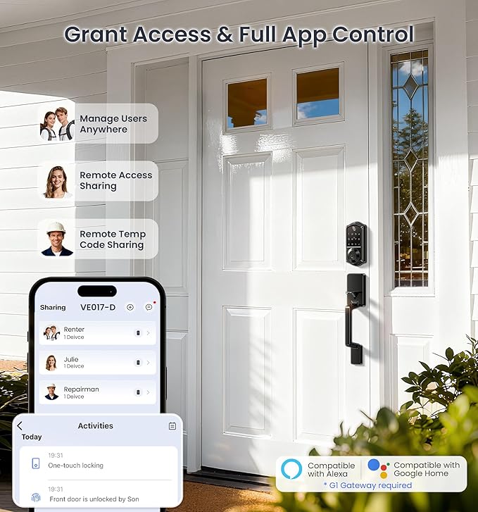 Veise VE017-D Smart Fingerprint Front Door Lock Set, App Control, 8-in-1 Keyless Entry Deadbolt with Lever Handle, Touchscreen Keypad, IP55 Weatherproof, Auto Lock, Easy Install, Matte Black