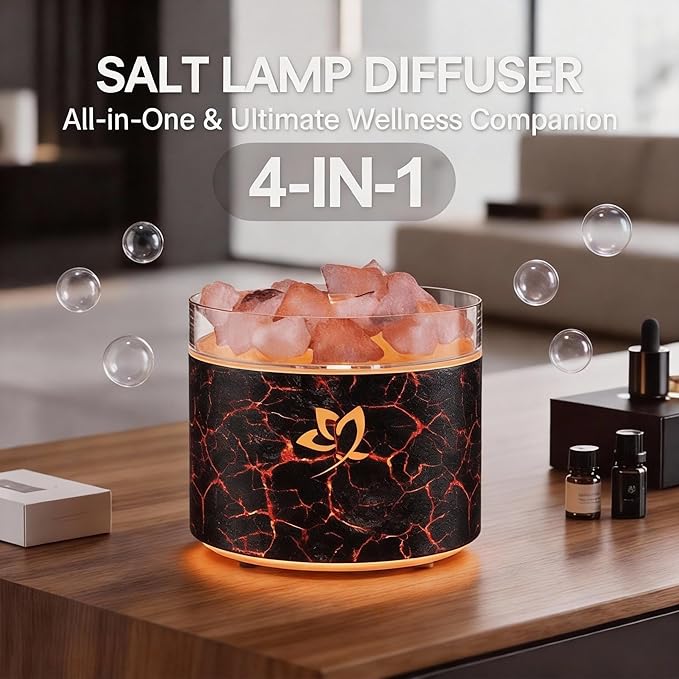 4-in-1 Ultrasonic Crystal Salt Stone Aromatherapy Diffuser & Humidifier - 7-Color LED Dreamy Flame Light, Auto Shut-Off, 2 Modes | Home/Office/Yoga (Black Grain)