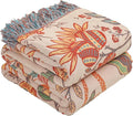 Boho Throw Blanket for Bed-Soft Cotton Rustic Quilt 80"×90",Floral Printed Farmhouse Decor Muslin Bed Blankets for Sofa Couch Chair, Seasons