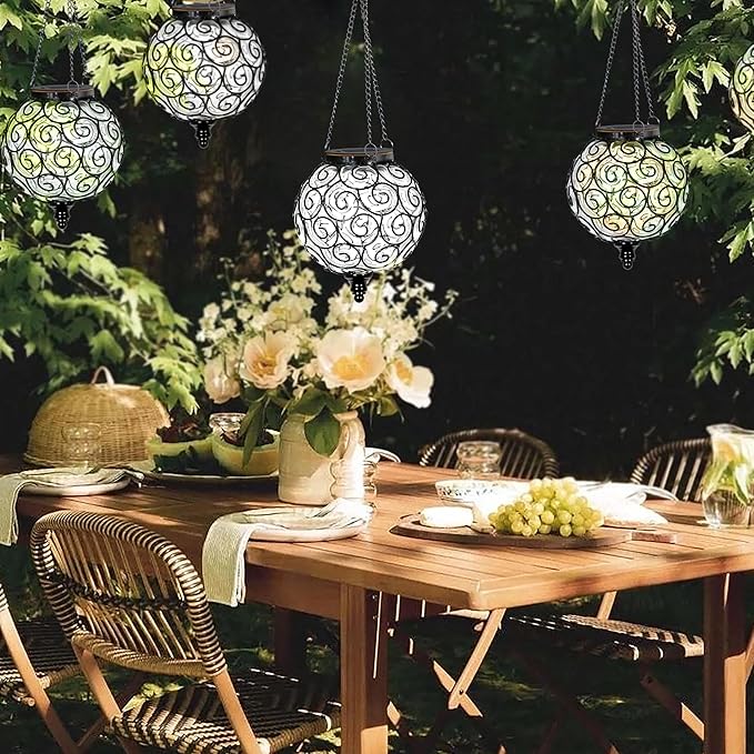 Solar Hanging Lantern Outdoor Garden Lights, Round Glass and Metal Hanging Lantern, 15 Firefly LED Lights, 7 x 20 Inch (Clear)