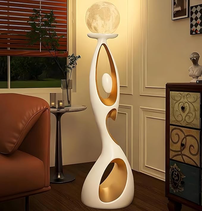 Bofea-Lunar Lamp Modern Standing Lamps for Living Rooms & Offices,Great Living Room Décor,White Gold Tall Light with 3D Printing Frosted Moon Globe Shade, Mid Century Floor Light for Bedroom Reading