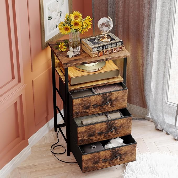 Fixwal Night Stand with Charging Station, LED Nightstand with Fabric Drawers, End Table with PU Finish, Bed Side Table, Rustic Brown (Pack of 2)