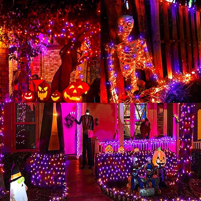 LAMPHOME 66ft Halloween Decorative Mini Lights, 200 LED Transparent Wire Fairy Starry String Lights Plug in, 16 Lighting Modes, for Halloween Decoration Outdoor Party Decoration (Orange and Purple)