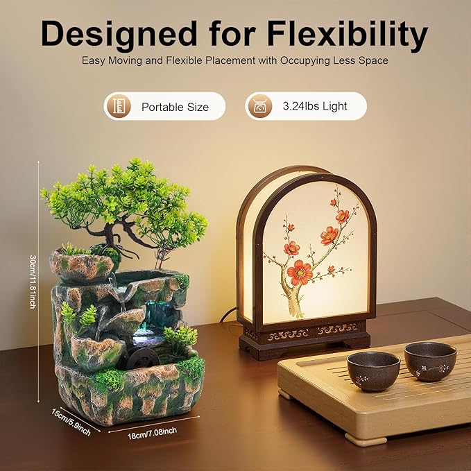 Water Fountains Indoor, Relaxation Desk Waterfall Bonsai Desk Water Fountain with LED Light, Zen Meditation Home Office Bedroom Atomizing Humidifier Desk Decoration