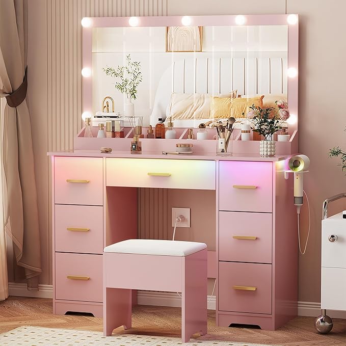 44" Vanity Desk with 38" Large Mirror and 9 LED Lights & Glass Top and Power Outlet, Makeup Vanity Set with 7 Drawers & Chair and RGB Ambient Light, Dressing Table for Bedroom, Modern Pink