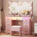 44" Vanity Desk with 38" Large Mirror and 9 LED Lights & Glass Top and Power Outlet, Makeup Vanity Set with 7 Drawers & Chair and RGB Ambient Light, Dressing Table for Bedroom, Modern Pink
