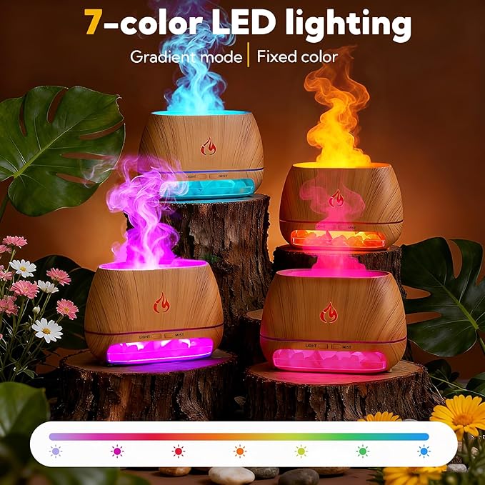 4 Pack Flame Diffuser Essential Oil Diffuser with Cool Mist Himalayan Salt Lamp 7 Colors LED Light 200ml Ultrasonic Aroma Diffusers for Bedroom Office Spa Yoga Room Gift,Wooden Grain