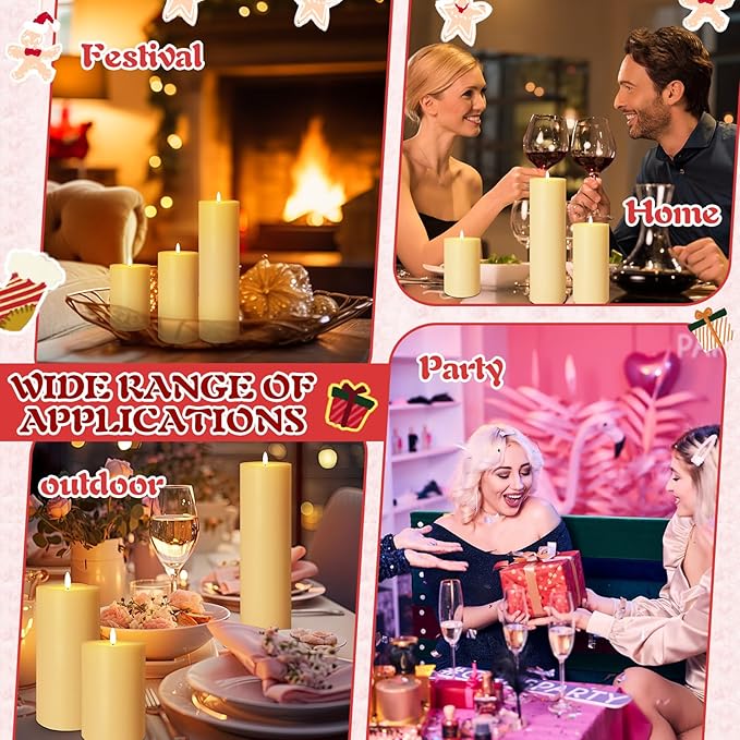 Retisee 3 Pcs Ivory Large Flameless LED Electric Candles with Remote Battery Operated 3D Pillar Flickering Candles for Home Table Porch Outside Indoor Party Wedding Light Decor(4''/6''/10'' x 3'')