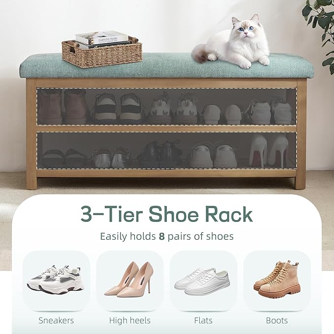 Shoe Rack Bench with Cushion, 2 Tier Solid Wood Storage Bench, Mid-Century Modern Shoe Bench for Entryway, Hallway, Closet, Front Door Entrance, Foyer (Teal, 39.4")