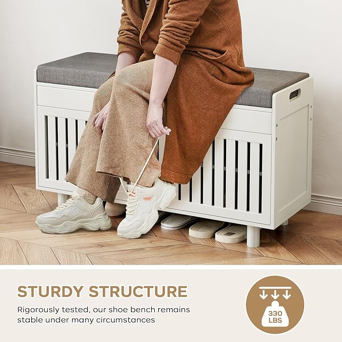 35.4in Shoe Bench with Storage, Bamboo Entryway Bench with Lift Top Hidden Storage & Padded Seat, 2 Doors 2-Tier Narrow Shoe Rack Cabinet Organizer for Hallway Mudroom Bedroom, White