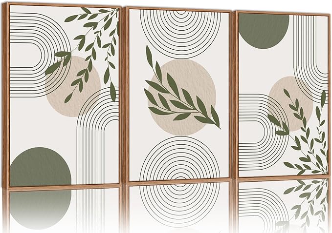 YeeHomedec Boho Sage Green Framed Canvas Wall Art, Mid Century Modern Wall Decor, Large Minimalist Art Print, Abstract Geometric Leaf Art Painting for Bathroom Living Room Bedroom Office 16"x24"x3