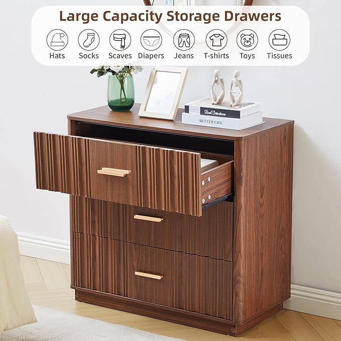 Fluted Dresser for Bedroom with 3 Drawers, 31.5" Wide Modern Chest of Drawers with Metal Handle, Large Storage Dresser, Wood Closet Clothes Storage Organizer for Nursery Living Room, Hallway, Walnut