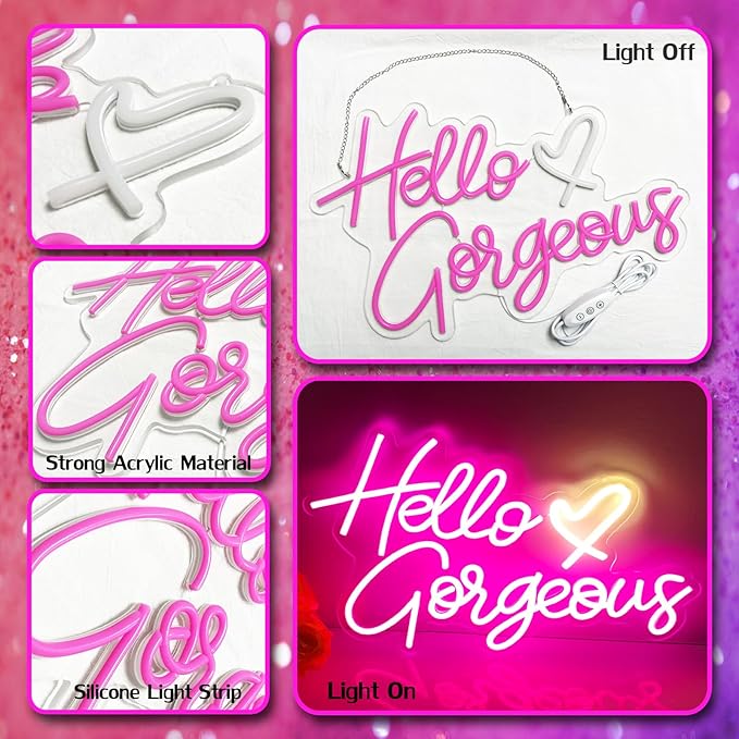 Hello Gorgeous Neon sign Pink LED Neon letters Heart decorative wall lights Girl Room Wedding anniversary Engagement birthday Party decoration with USB power supply (5V,16.5X11inches)