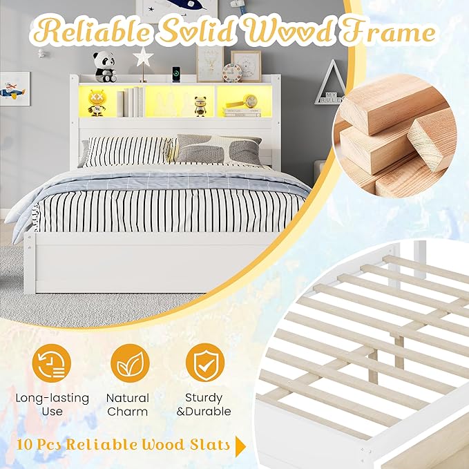 Kids Full Bed Frame with Drawers & Storage Headboard, Solid Wood Platform Bed with Pull-Out Cabinet, Built-in LED Light & Charging Station, No Box Spring Needed, White