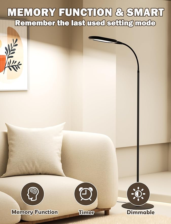 LED Floor Lamp, CRI 95+ Bright Floor Lamps for Bedroom with 4 Hours Auto Off, Stepless Dimming & 3000K-6000K Colors Standing Lamp for Living Room with 360° Head Rotation Reading Lamp for Office Black