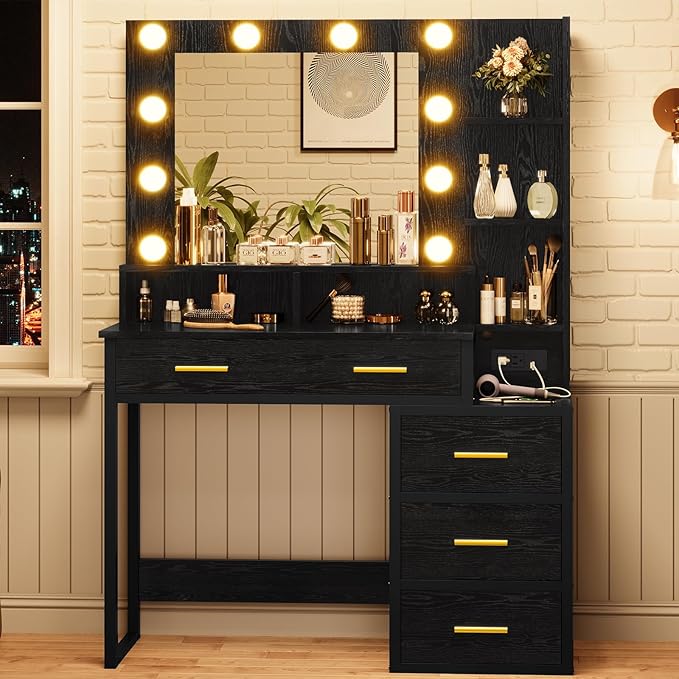 Tiptiper Makeup Vanity with Lights, Black Vanity Desk with Mirror & 3 Lighting Modes, Vanity Table with USB Ports and Outlets, Makeup Table with Nightstand & Storage Shelves & Drawers (Modern Black)