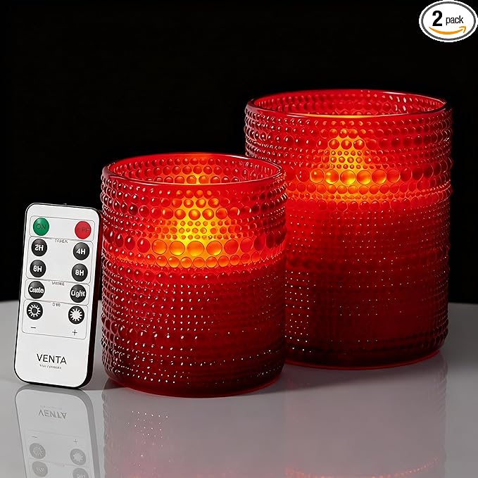 VENTA Set of 2 Red Glass Flameless Candles with Remote | Dimmable Flickering Votives, Ideal for a Romantic Dinner, Anniversaries, and Home Ambiance | Decorative Table Lamp