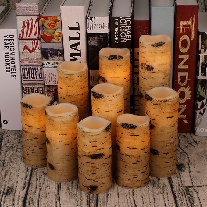 Vinkor Flameless Candles Battery Operated Candles Birch Effect 4" 5" 6" 7" 8" 9" Set of 9 Real Wax Pillar LED Candles with 10-Key Remote Control 2/4/6/8 Hours Timer