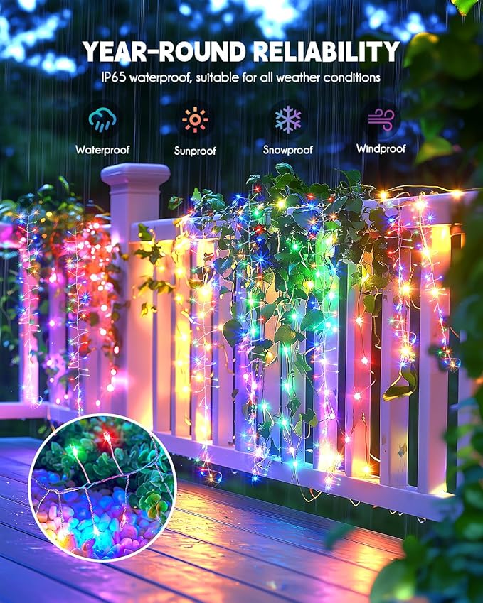 Brightown Solar Lights for Outside, 10Ft 120 LED Solar String Lights Outdoor Waterproof, 8 Modes Firecracker Balcony Light for Tree Patio Christmas Party Wedding Decor, Multicolor