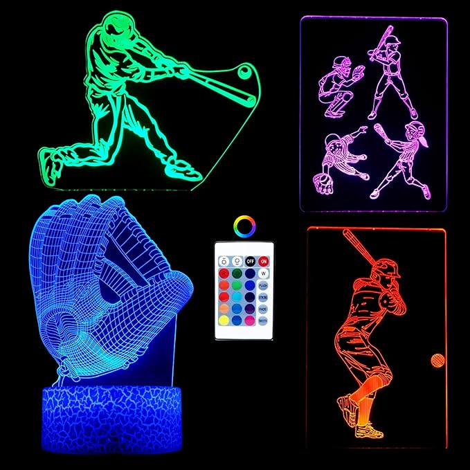 3D Baseball Night Light - 4 Patterns Hologram Illusion Lamp With Remote Control/Smart Touch, 16 Colors Changing, Room Decor, Gift for Boys Girls (Style 9)