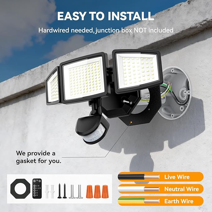 LED Security Lights Motion Sensor Light Outdoor, 7000LM, 6500K, Waterproof, Flood Light Outdoor Motion Detector with Adjustable 3 Head, Hardwired Wall Light for Entryway, Yard, Garage (2)