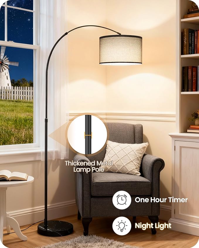 75" Arc Floor Lamp with Marble Base and Adjustable Height, Rotating Hanging Shade, Dimmable Floor Lamp for Living Room with Remote and Foot Switch, 3 Color Temperature, Gray Line Shade H15LD05N1