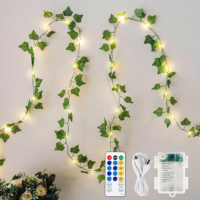 Ivy Vine Garland with 40 LED Fairy Lights – Vintage Greenery Decor with Remote & Timer, Battery or USB Powered for Dorm Room, Bedroom & Creative Wall Decor