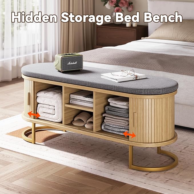 47.2'' Entryway Storage Bench Seat with Sliding Door, Large Shoe Bench with Sturdy Metal Feet & Soft Cushion, Multi-Scene Use for Entrance, Bedroom & Living Room（Oak）