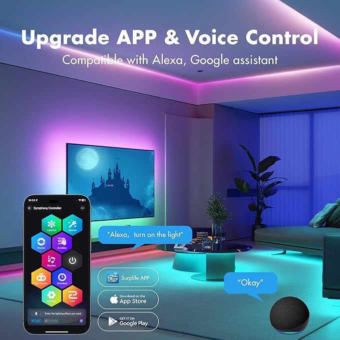 Smart IC RGB LED Strip Lights 50FT, Segmented DIY Color Changing, Rainbow Chasing Effects, WiFi App/Voice Control, Music Sync, Works with Alexa & Google Assistant, LED Lights for Bedroom Decor