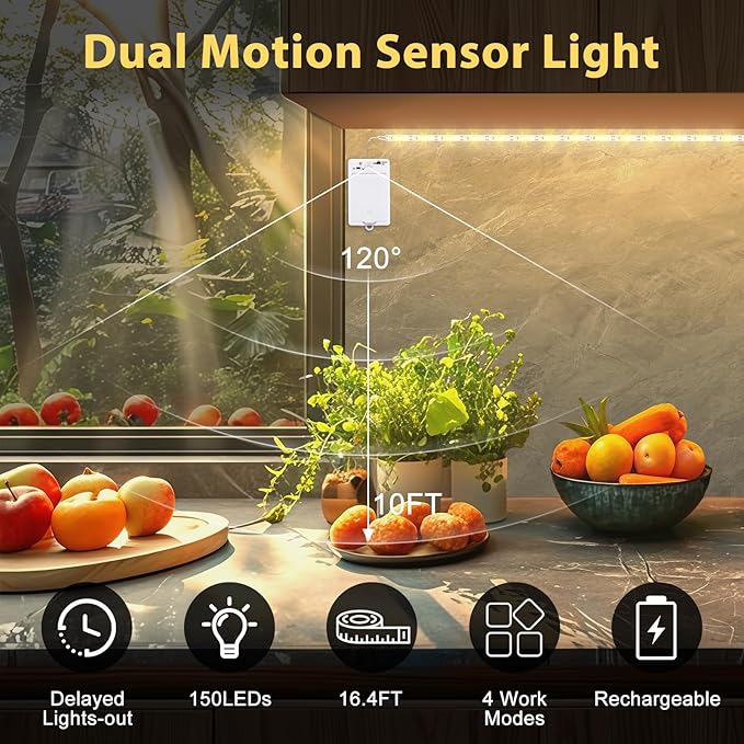OMIKA Dual Sensor Stair Lights Indoor, Rechargeable 16.4ft LED Strip Light, 150 LEDs Double Motion Activated Under Bed Night Lights for Shelves, Stairway, Closet, Corridor, Bedroom, 4000K Nature White