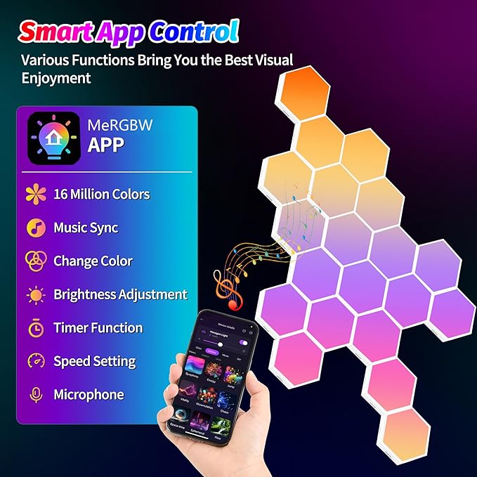 20 Pack DIY Hexagon LED Lights, Music Sync RGB Gaming Lights with APP Smart Wall Lights for Bedroom Living Room Decor